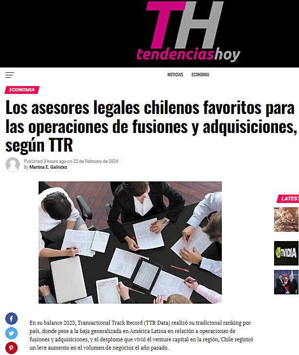 Los asesores legales chilenos favoritos para las operaciones de fusiones y adquisiciones, segn TTR
